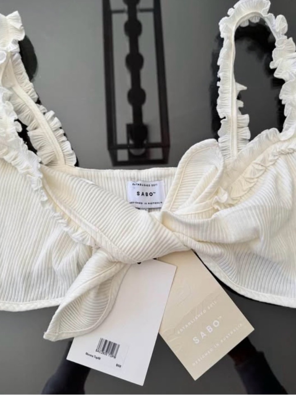 Sabo Morena Top - Cream Ribbed Ruffle Tie-Front Crop Top
